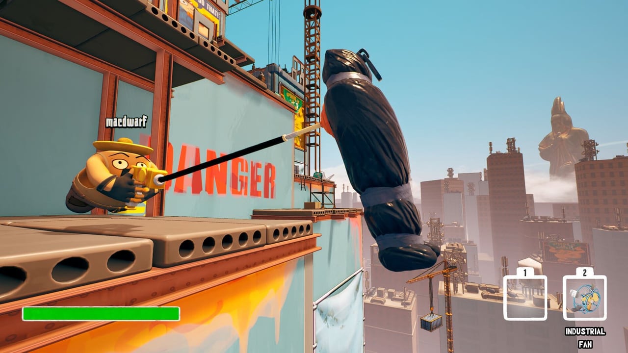 Shady Job worker firing a plunger gun to yank a taped body bag off a high construction ledge